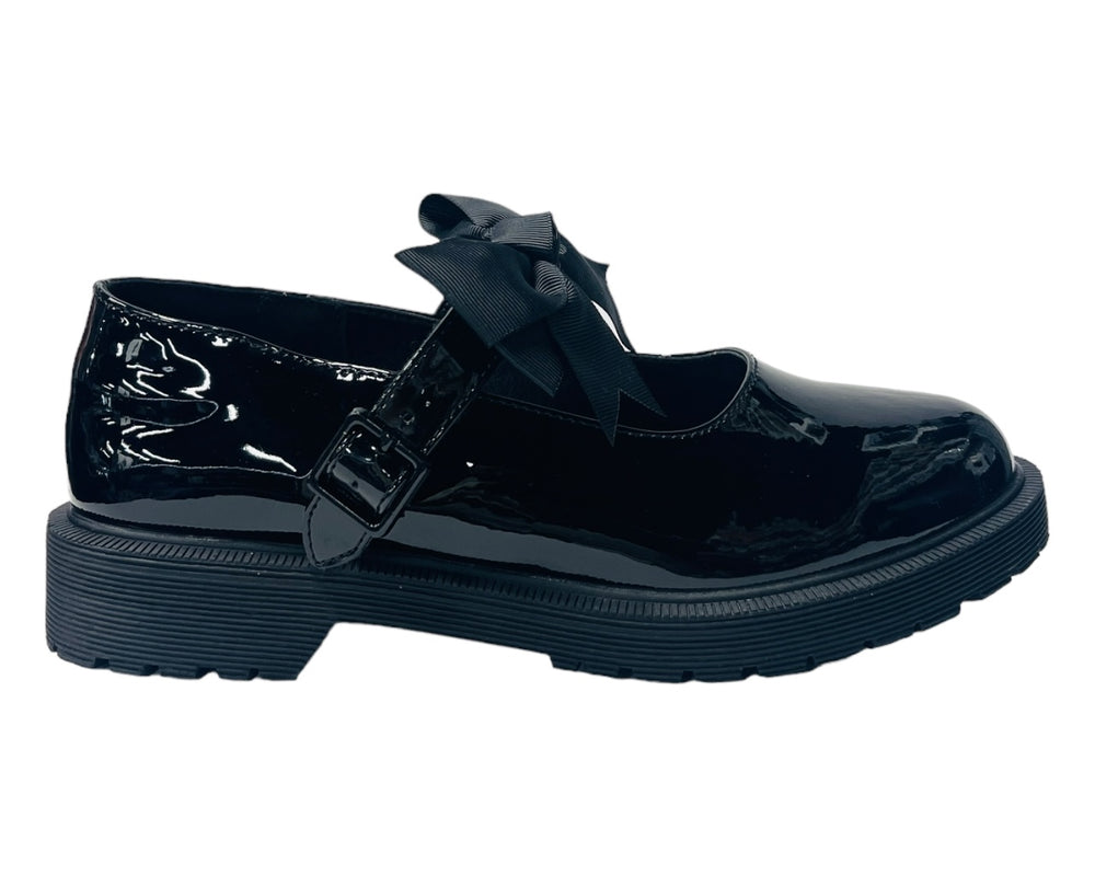 Faux Patent Leather Buckle Bow Flat Shoes