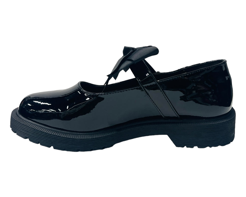 Faux Patent Leather Buckle Bow Flat Shoes