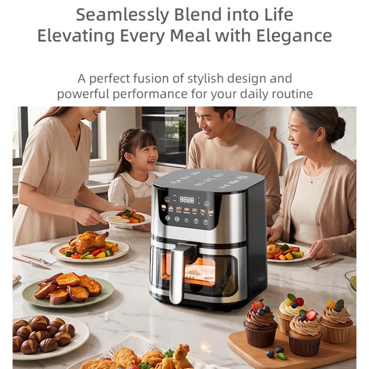 8L Smart Air Fryer Stainless Steel 2400W High Power Panoramic Window Non-Stick Basket, Spec: UK Plug(Black White Display) - British D'sire