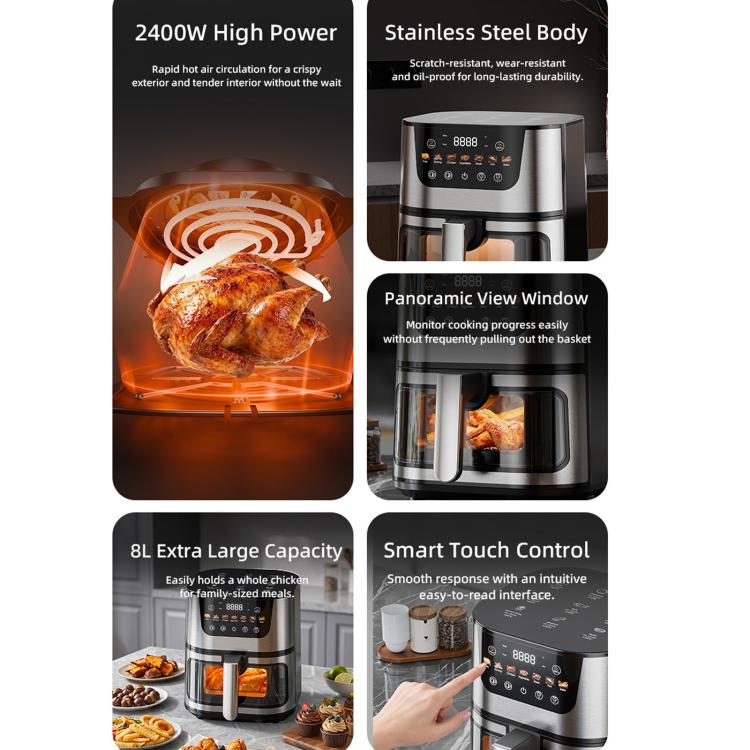 8L Smart Air Fryer Stainless Steel 2400W High Power Panoramic Window Non-Stick Basket, Spec: UK Plug(Black White Display) - British D'sire