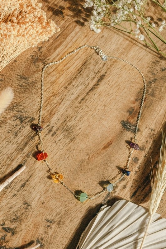925 Sterling Silver 7 Chakra Raw Stone Crystal Necklace - Necklaces - British D'sire