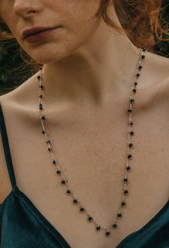 925 Sterling Silver Long Length Black Obsidian Necklace - Necklaces - British D'sire