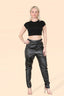 Women's Cut Out High Waist PU Biker Trousers - Sexy Leather Look Rider Pants with Elastic Waist, Modern Classic Vintage Streetwear - Elaina Fashion