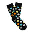 Black socks with colorful polka dot pattern on a white background