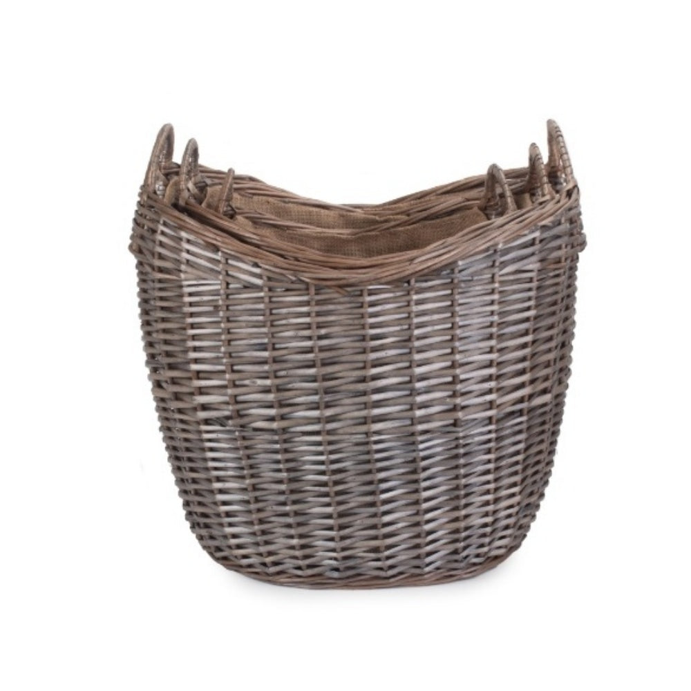 Scoop Neck Antique Wash Hessian Lined Wicker Log Basket