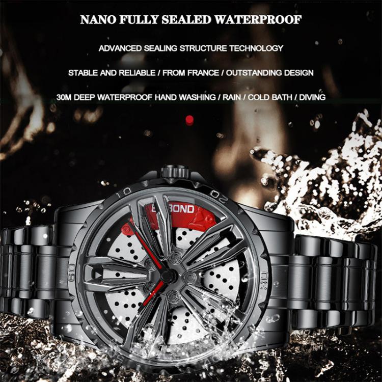 BINBOND D001 3D Hollow Motorcycle Rotating Wheel Watch, Color: Black Steel-Red - British D'sire