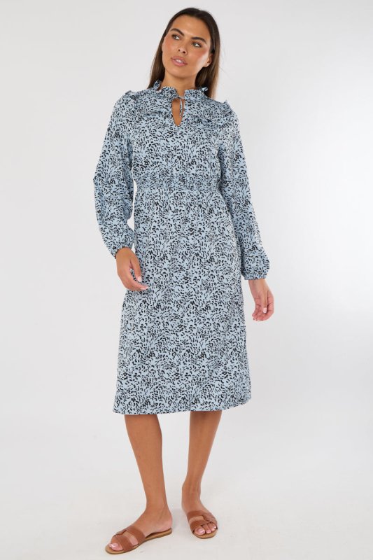Blue Animal Printed Midi Dress – Long Sleeve - Dresses - British D'sire