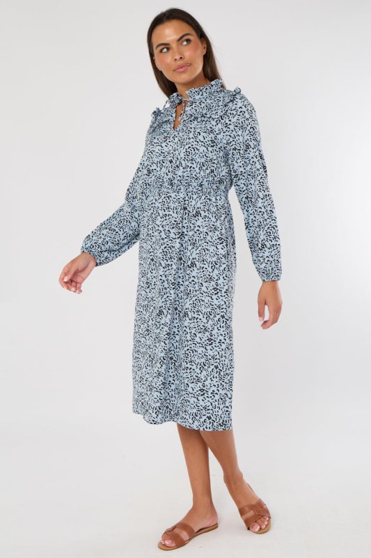 Blue Animal Printed Midi Dress – Long Sleeve - Dresses - British D'sire