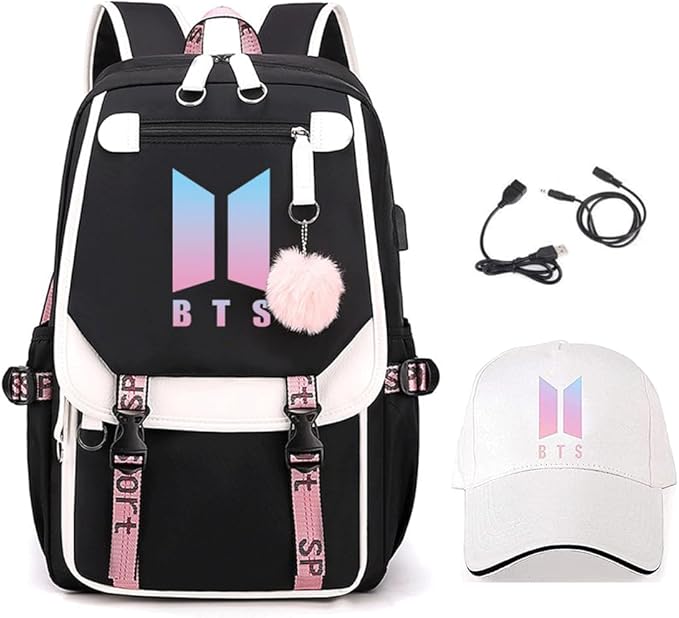 YJYK BTS Backpack, Girls Kpop School Bag Students Laptop Backpack for Kids Teenagers Bangtan Boys Fans Gift, Black, 11.8 x 8.26 x 17.7 Inches
