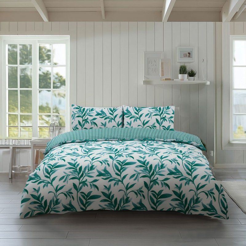 Duvet Cover And Pillowcase Set Reversible Leaf And Stripe Design Polycotton Bed Linen - British D'sire