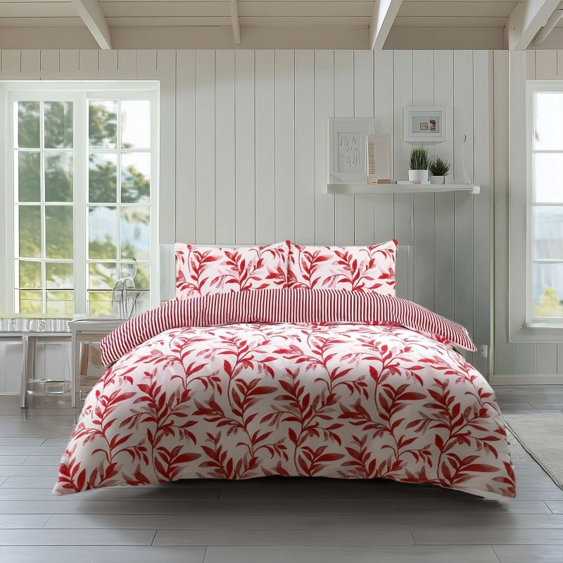 Duvet Cover And Pillowcase Set Reversible Leaf And Stripe Design Polycotton Bed Linen - British D'sire