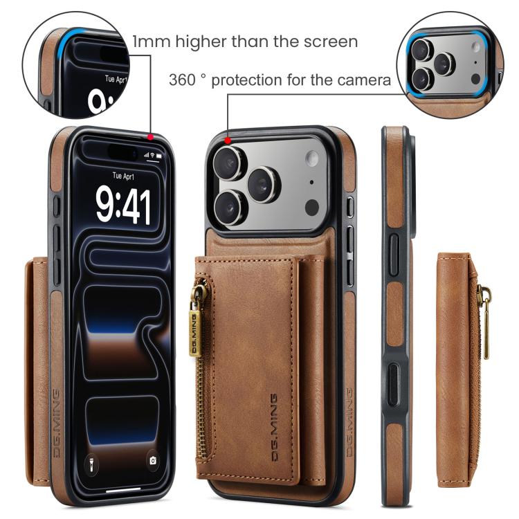 For iPhone 18 Pro / 17 Pro DG.MING M5 Series Zip RFID Multi Card Detachable Leather Phone Case(Brown) - British D'sire