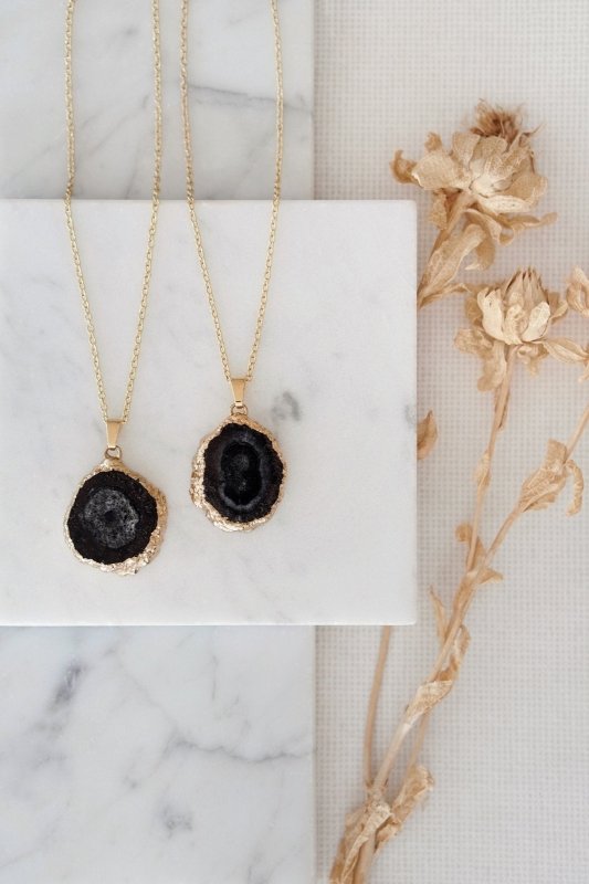 Gold Tone Long Length Mini Raw Black Agate Pendant Necklace - Necklaces - British D'sire