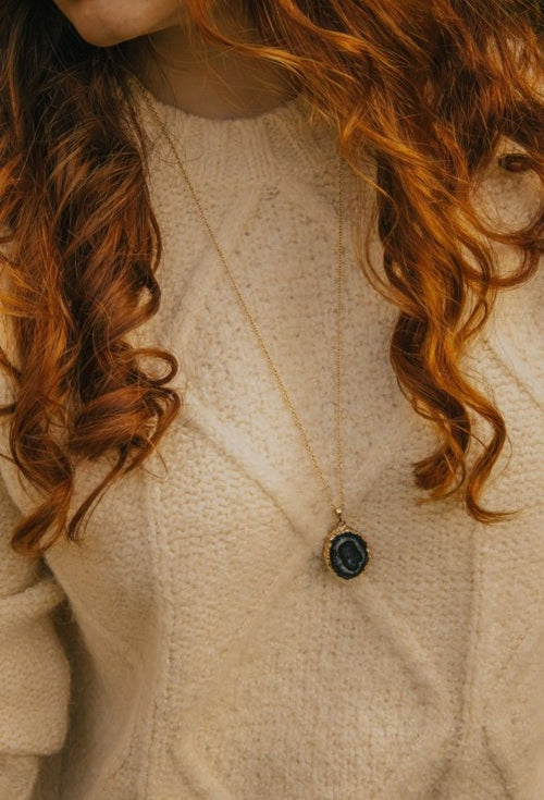 Gold Tone Long Length Mini Raw Black Agate Pendant Necklace