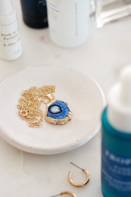 Gold Tone Long Length Mini Raw Blue Agate Pendant Necklace - Necklaces - British D'sire