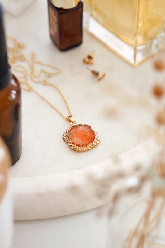 Gold Tone Long Length Mini Raw Orange Agate Pendant Necklace - Necklaces - British D'sire