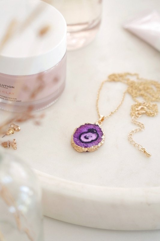 Gold Tone Long Length Mini Raw Purple Agate Pendant Necklace - Necklaces - British D'sire