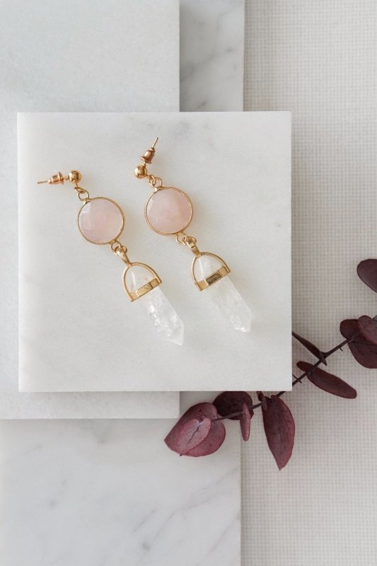 Gold Tone Rose Quartz & Clear Quartz Point Earrings - Earrings - British D'sire