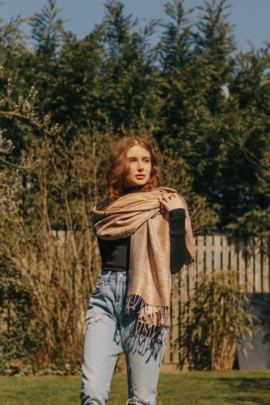 Gold Vintage Lace and Paisley Pashmina with Tassels - Scarves & Snoods - British D'sire
