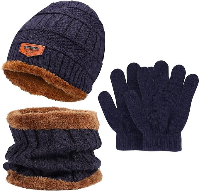 Makone Boys Hat Scarf and Gloves Set, Kids Winter Hat Scarf Gloves Set,for Girls Boys Warm Knitted Beanie Hats Snood Scarf and Gloves for Children - British D'sire