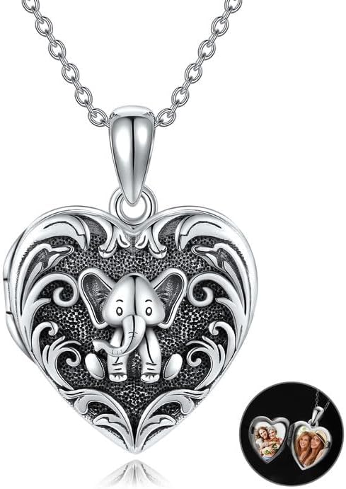 Mara - Sterling Silver Heart Locket Necklace – Laser Engraved Elephant Photo Locket - Perfect for Women & Girls to celebrate Love, Memories, and Connection.