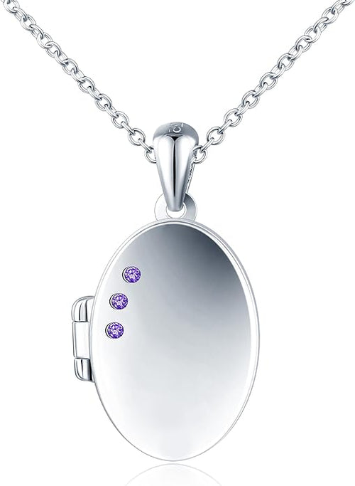Mara - Oval Photo Locket Necklace 925 Silver with Cubic Zirconia - Personalised Souvenir Pendant with Openable Medallion for Women and Girls.