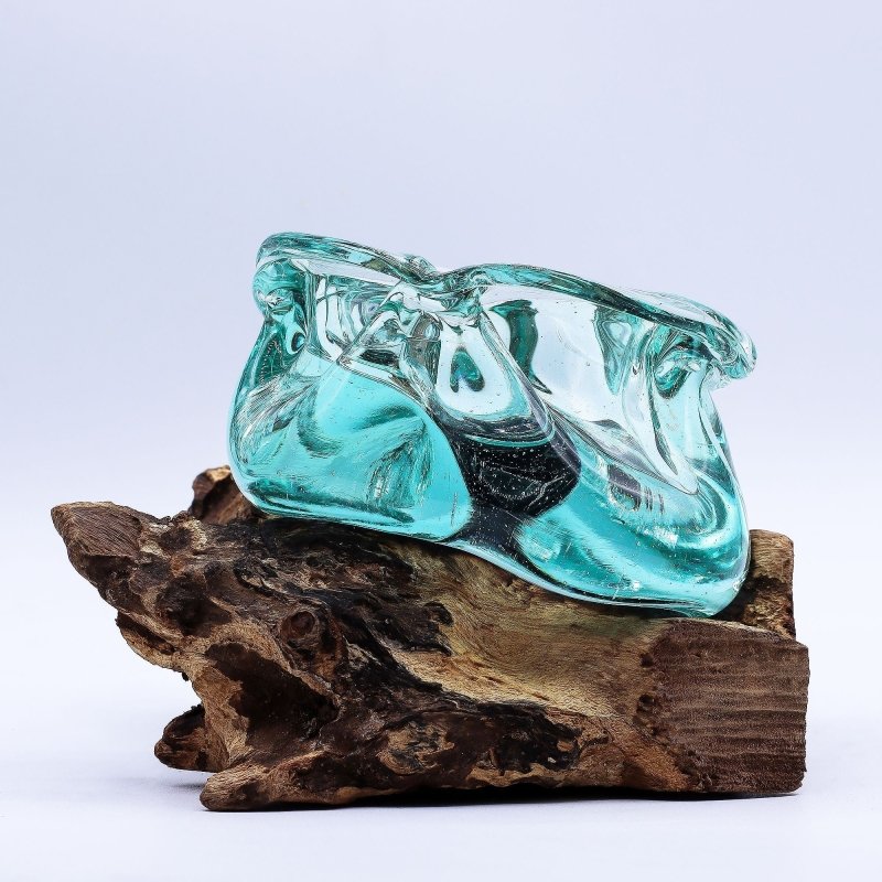 Molten Glass Chunky Ashtray / Candle Holder On Wood 23cm - Glass Decor - British D'sire
