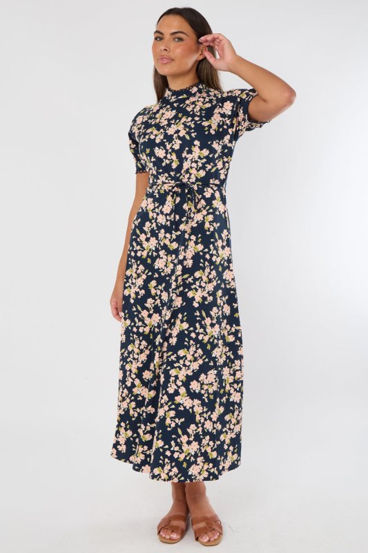 Navy Floral Maxi Dress – Short Sleeve - Dresses - British D'sire