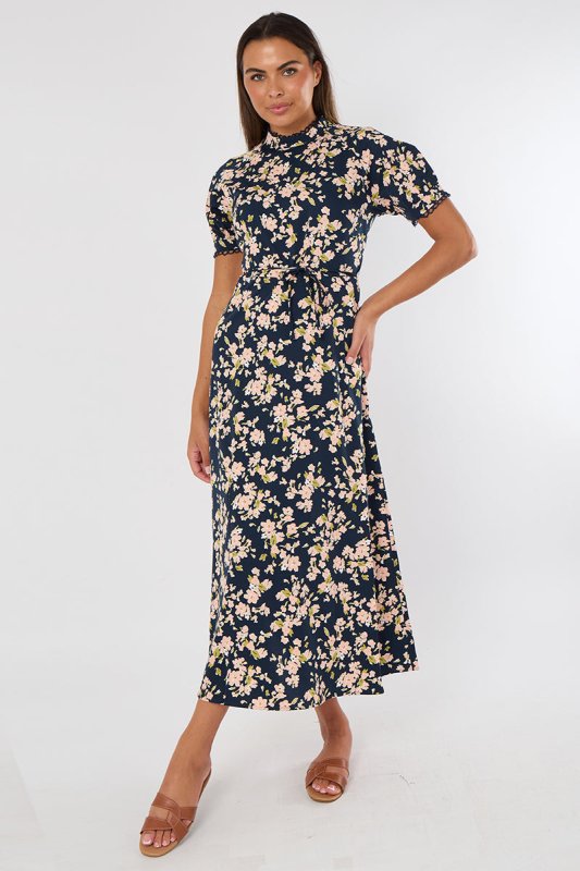 Navy Floral Maxi Dress – Short Sleeve - Dresses - British D'sire