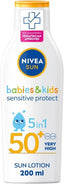 NIVEA SUN Kids Protect & Sensitive Sun Lotion (200ml) Sunscreen with SPF 50+, Kids Suncream for Sensitive Skin, Immediately Protects Against Sun Exposure - British D'sire