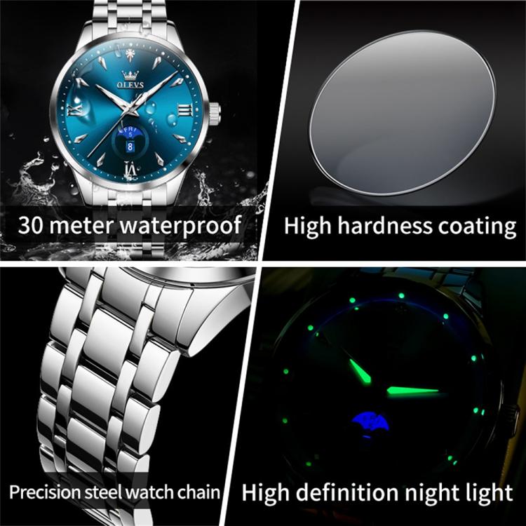 OLEVS 3646 Men Multifunctional Moon Phase Stone Waterproof Quartz Watch(Blue) - British D'sire