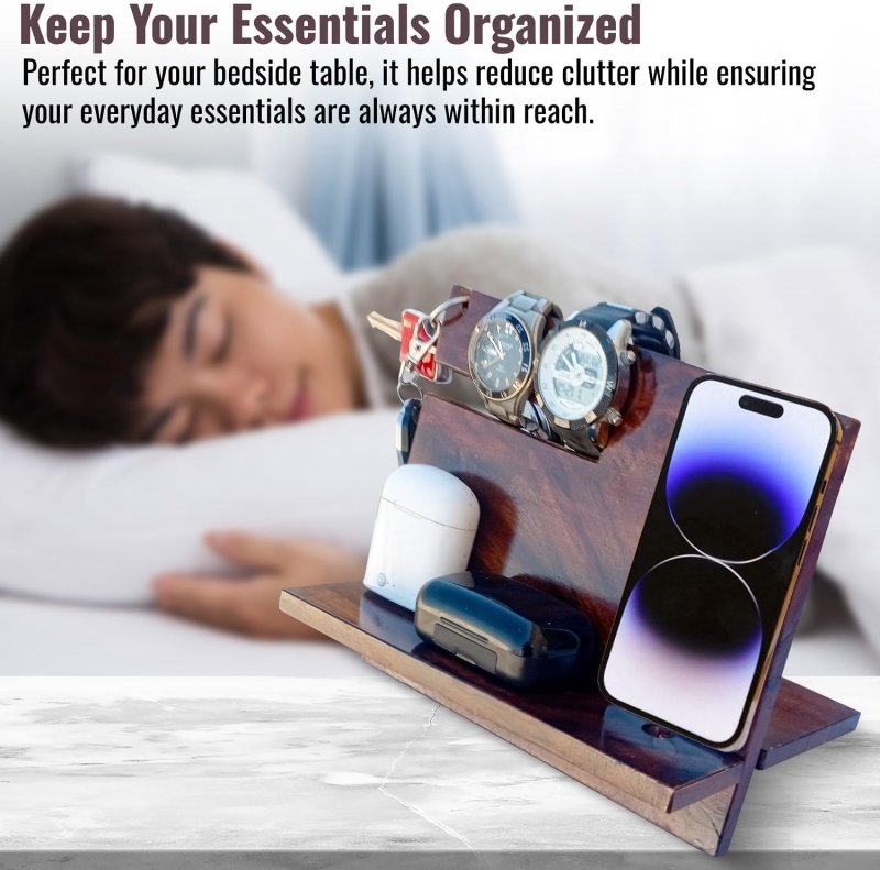 SHOPUKASA Wooden Phone Stand | Docking Station | Nightstand Organizer | Valet Tray for Men | Bedside Table | Birthday Gift for Husband, Dad | Watch & Key Holder – (Walnut) - Home Decor & Furniture - British D'sire