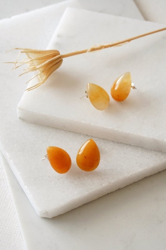 Silver Rain Drop Stud Earrings with Yellow Jade - Earrings - British D'sire