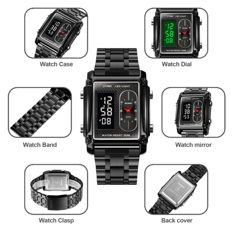 SKMEI 1868 Square Double Display Waterproof Men Watch, Style: Steel Belt (Gold) - British D'sire