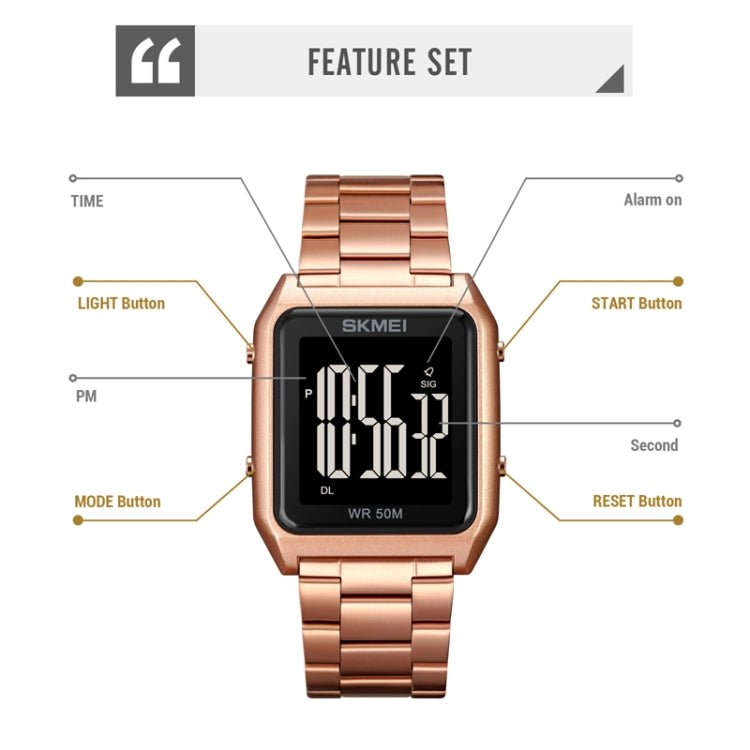 SKMEI 1879 Square Large Screen Men Steel Belt Multi-function EL Luminous Watch, Color: Gold - British D'sire