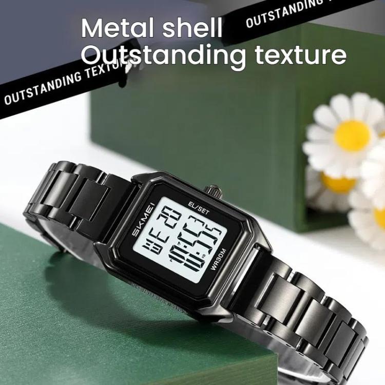 SKMEI 2493 Small Women Electronic Watch Square Steel Strap Watch, Style: Silver Case Black - British D'sire