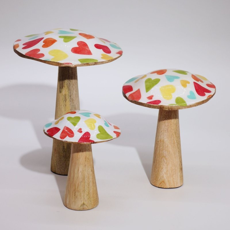 Small Wooden Mushroom - Pastel Hearts - Enamel Mushrooms - British D'sire