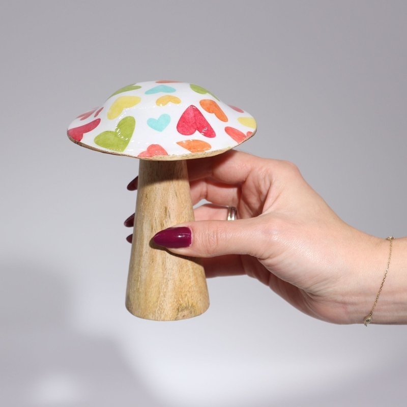 Small Wooden Mushroom - Pastel Hearts - Enamel Mushrooms - British D'sire