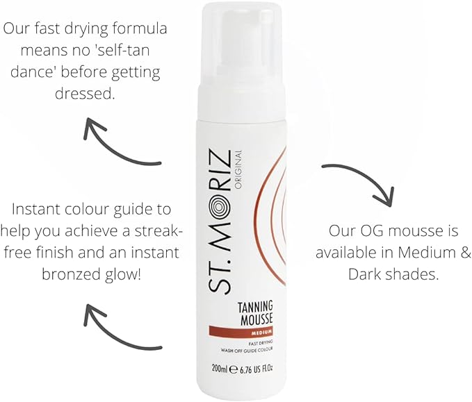 St Moriz Original Instant Tanning Mousse in Medium | Fast Drying Vegan Fake Tan Mousse | Instant Wash Off Guide Colour for a Medium Golden Glow | Dermatologically Tested | Cruelty Free | 200ml - British D'sire