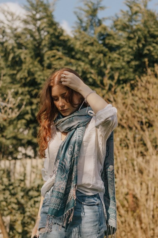 Turquoise Vintage Lace and Paisley Pashmina with Tassels - Scarves & Snoods - British D'sire