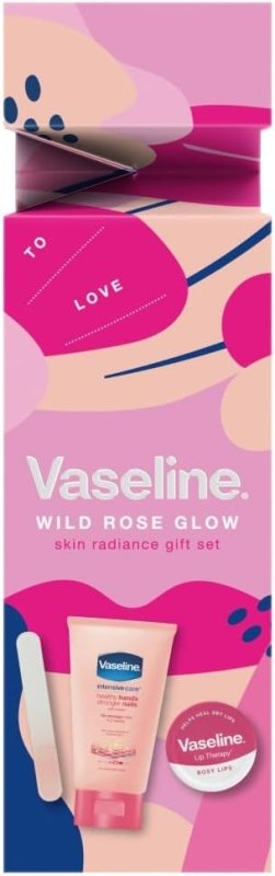 Vaseline Wild Rose Glow Skin Gift Set gifts for her with a lip balm, hand lotion and glass nail file 2 piece - British D'sire