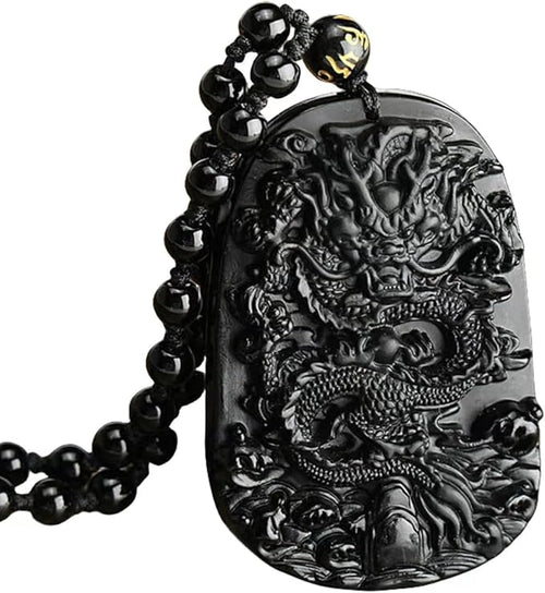 Viaan Dragon Necklace Natural Obsidian Chain - Hand Carved Lucky Amulet Blessing Beads Protection Pendant, 4 cm, 30g - Spiritual Black Obsidian Jewelry for Men, Energy Protection, Feng Shui Amulet & Gift