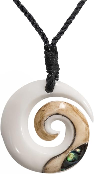 Viaan Hand Carved Koru Real Bone Pendant with Genuine Abalone Shell | Black Cord Hawaii Necklace | Maori Style Jewellery | Round Spiral Swirl Surfer Necklace for Men | Natural Accessories