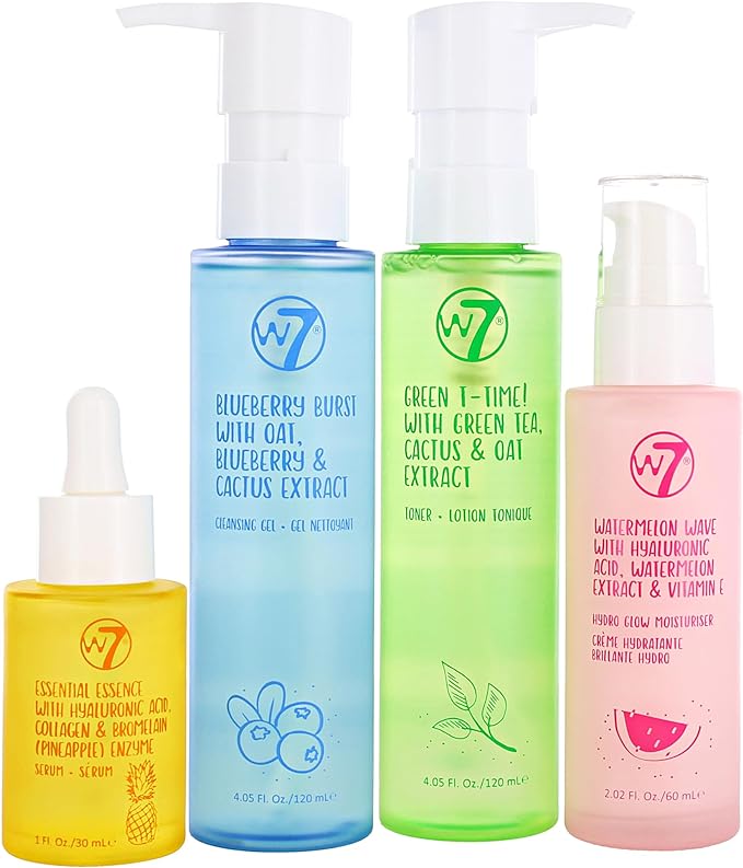 W7 Skin Refresh Essential Full Size Natural Skin Care Kit for Beautiful Skin - 4 Step Daily Routine - Moisturiser, Cleansing Gel, Toner and Serum - British D'sire