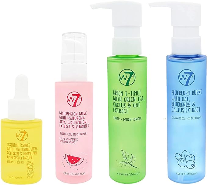 W7 Skin Refresh Essential Full Size Natural Skin Care Kit for Beautiful Skin - 4 Step Daily Routine - Moisturiser, Cleansing Gel, Toner and Serum - British D'sire