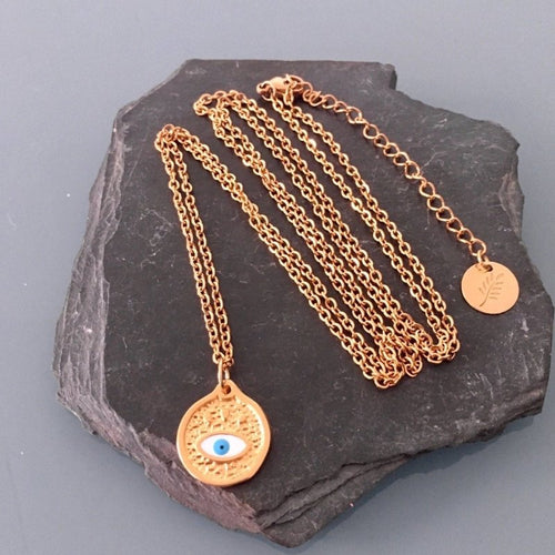 Clover Turquoise Greek Turquoise Gold Zamak Necklace | Golden Necklace | Gilded Jewel | Mystic Necklace | Woman Jewel | Gift Idea | Jewelry Gifts