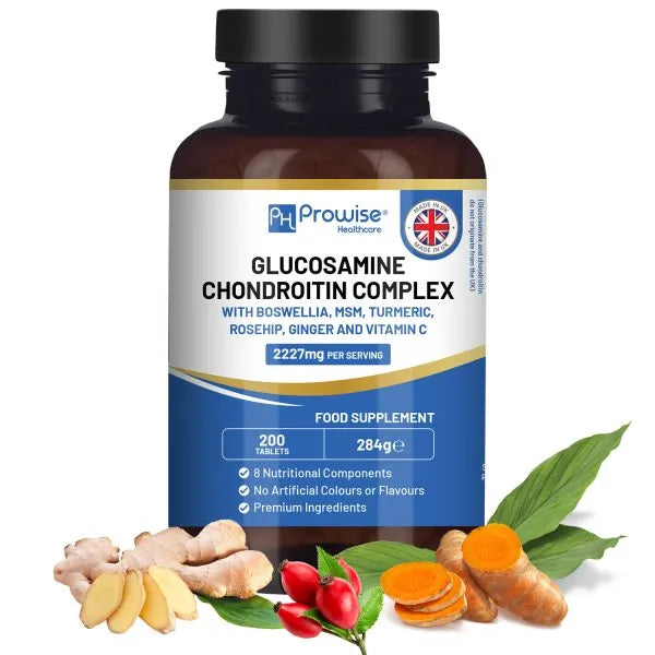 Glucosamine and Chondroitin Complex – 200 High Strength Tablets | 8 Nutritional Components | MSM, Boswellia, Vitamin C, Turmeric, Ginger, and Rosehip | Premium Quality Made in UK by Prowise - British D'sire