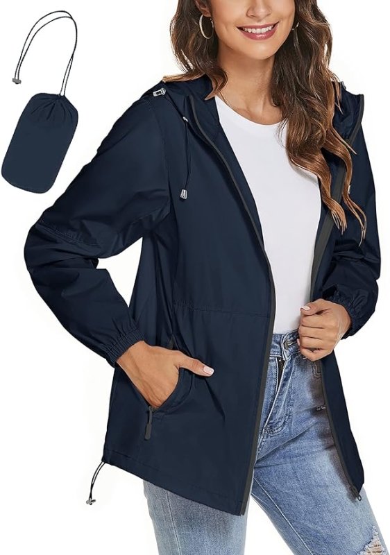 Women's Lightweight Waterproof Packaway Rain Jacket by iWoo | Polyester Hooded Rain Coats For Hiking, Camping, Picnic, Fishing | British D'sire