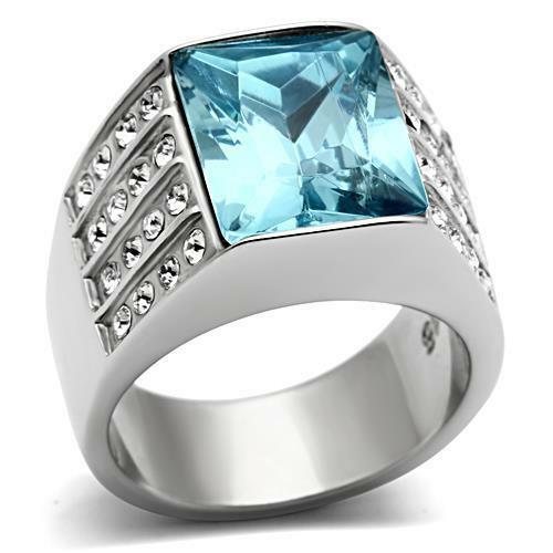 Jewellery Kingdom Blue Cubic Zirconia Emerald Cut Stainless Steel Silver Cocktail Ladies Aquamarine Ring British D sire