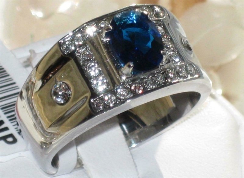 Jewellery Kingdom Cubic Zirconia Stainless Steel Blue Oval Signet Pinky Smart Silver Mens Sapphire Ring - Rings - British D'sire